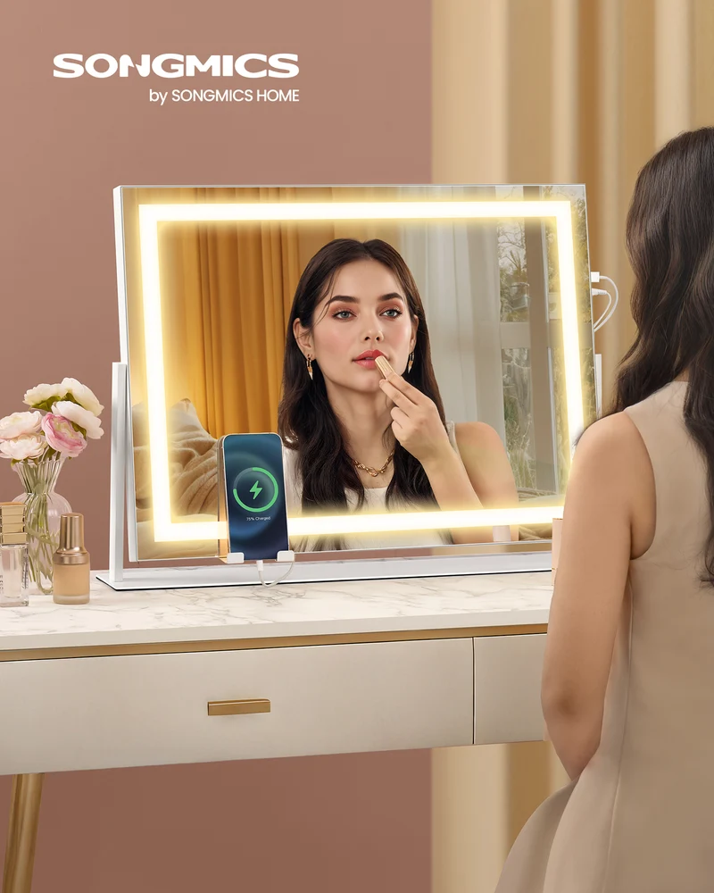 Vanity Makeup Mirror with Lights, 22.8 Inch Adjustable LED Mirror with 3 Color Modes, 10X Magnifier, USB/Type-C Ports & Phone Holder, for Bedroom Bathroom, Matte White