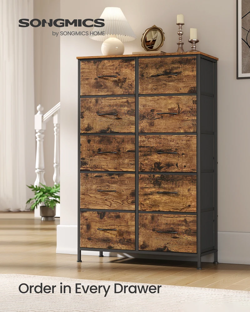 10-Drawer Storage Dresser - Steel Frame Organizer with Non-Woven Fabric Drawers, Multi-Use Chest for Bedroom/Entryway, Rustic Brown