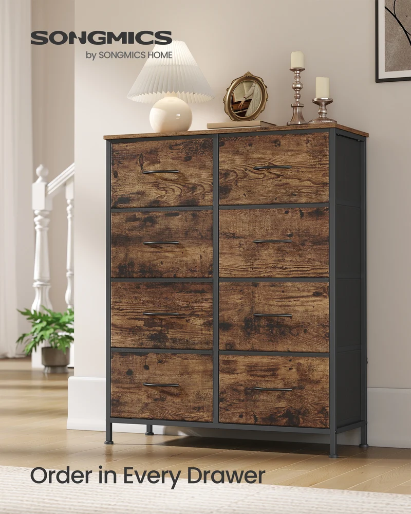 8-Drawer Storage Dresser - Steel Frame Organizer with Non-Woven Fabric Drawers, Multi-Use Chest for Bedroom/Entryway, Rustic Brown and Ink Black