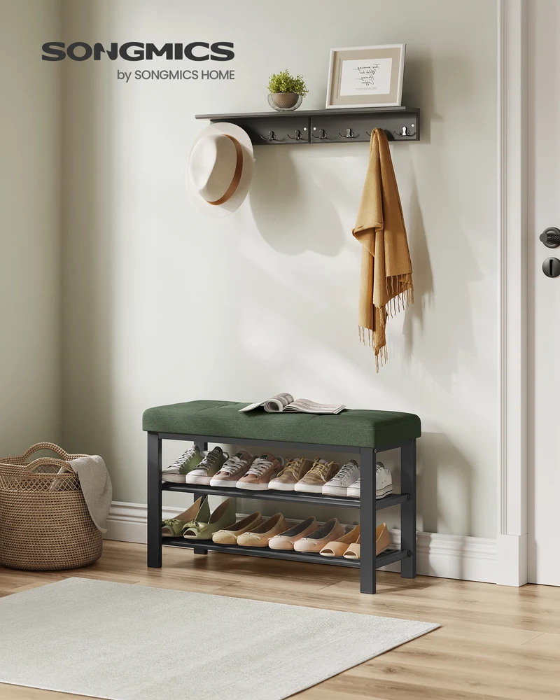 Entryway Shoe Storage Bench with Cushion, 3-Tier Shoe Rack, Foam Padded Seat,Forest Green and Ink Black