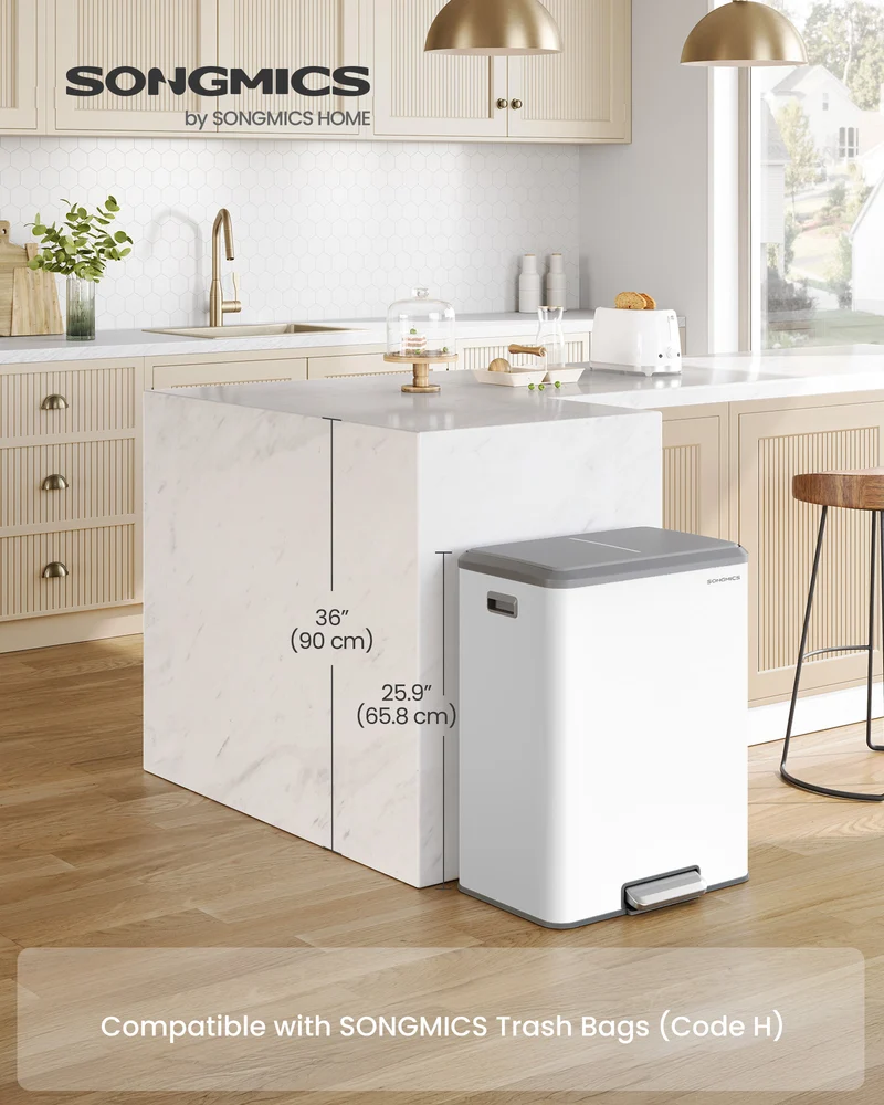8 Gallon Double Trash Can, 2 x 30L Stainless Steel Recycling Bin with Soft-Close Lid & Removable Buckets, Dual Compartment Garbage Can for Kitchen, Cloud White