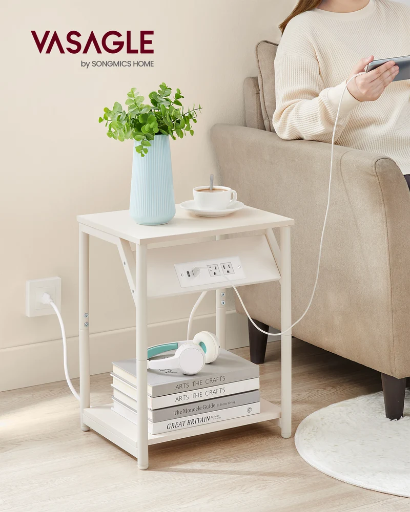 End Table with Charging Station, Set of 2, Small Side Tables for Living Room, Bedroom, Nightstand Bedside Table with Storage Shelf, Cream White
