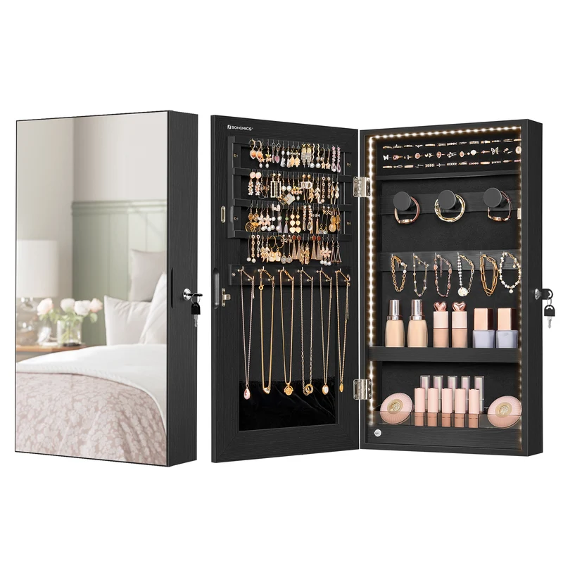 SONGMICS Mirror Jewelry Cabinet Armoire with Built-in LED Lights Wall or Door Mounted Jewelry Storage Organizer Hanging Mirror Cabinet Black