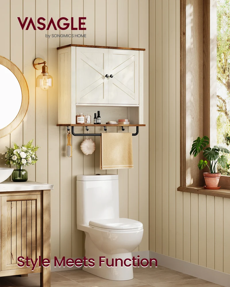 Farmhouse Wall-Mounted Medicine Cabinet with 2 Barn Doors, Adjustable Shelf, Towel Bar & Hooks, 7.9" x 23.6" x 28.7", Rustic White