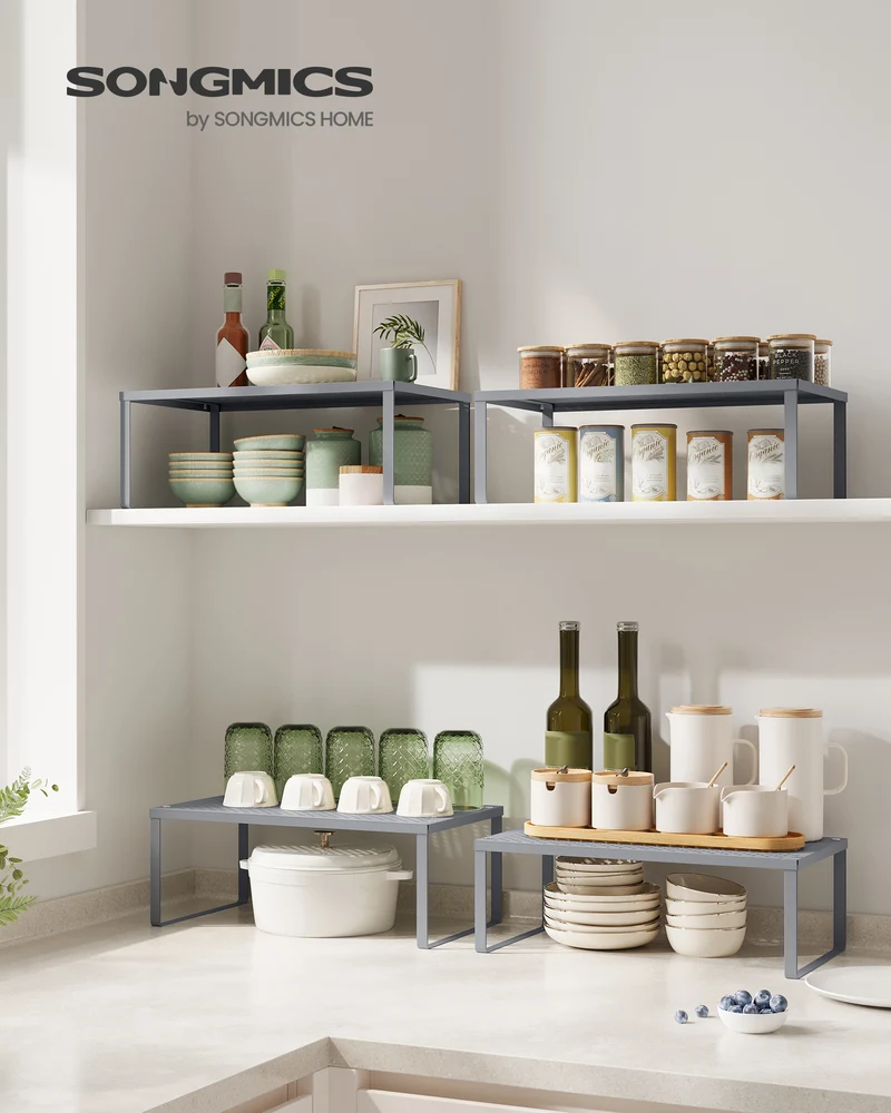Set of 2 Metal Kitchen Counter Shelves - Stackable, Expandable Spice Racks, Cabinet & Countertop Organizers, Shelf Risers for Space Saving, Silver