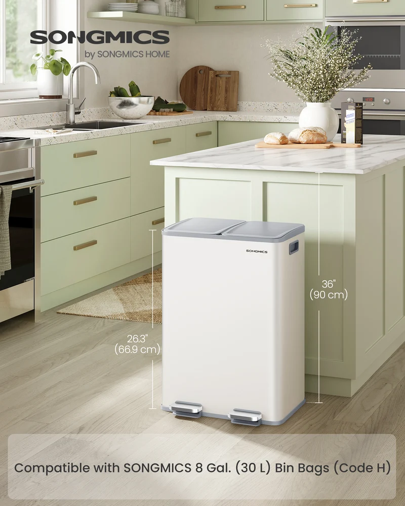 8-Gallon Dual Compartment Trash Can - Stainless Steel Kitchen Bin with Soft-Close Lid, Pedal & 15 Bags, Matte White