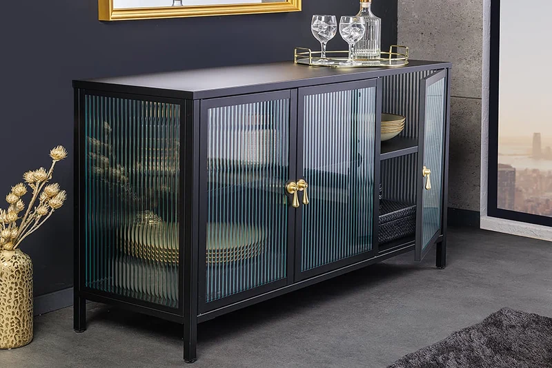 Modernes Vitrinen-Sideboard TRIADO 105cm schwarz Metall Riffelglas