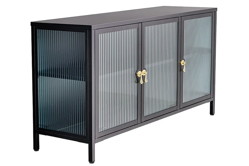 Modernes Vitrinen-Sideboard TRIADO 105cm schwarz Metall Riffelglas
