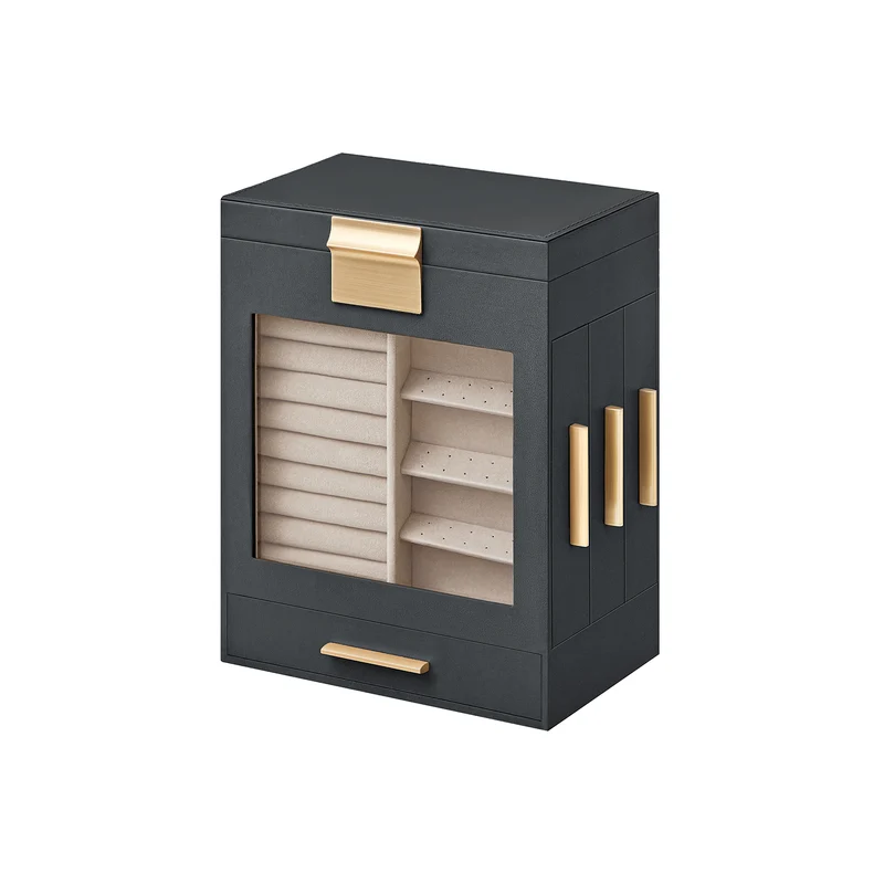 Caja Joyero para Joyas Ventana de Cristal Cajones Laterales Espejo Grande Moderno