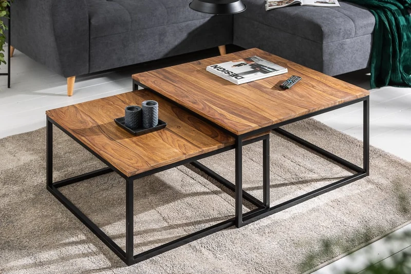 2er Set Design Couchtisch MENTA 65cm Natural Massivholz