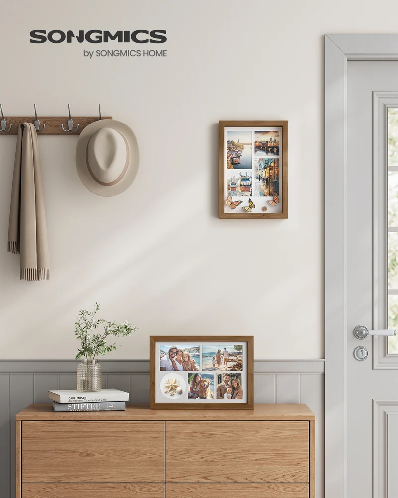 Set of 2 Shadow Box Frames, Teak Brown, 1.3-Inch Deep, Includes 8 Push Pins, 6 Mats, 3 Nails, Desk & Wall Decor