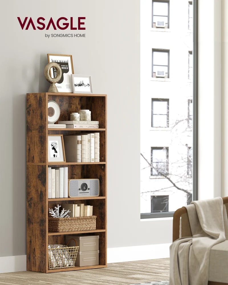 VASAGLE Bookshelf, 5-Tier Open Bookcase with Adjustable Storage Shelves, Floor Standing Unit, Rustic Brown