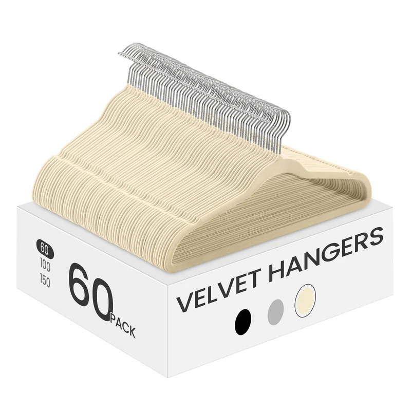 Velvet Hangers 60 Pack, Non-Slip Clothes Hangers with Silver-Colored Swivel Hooks, Slim Space-Saving for Closet, Heavy-Duty, Black