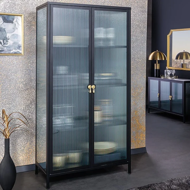 Moderner Vitrinen-Schrank TRIADO 160cm schwarz Metall Riffelglas