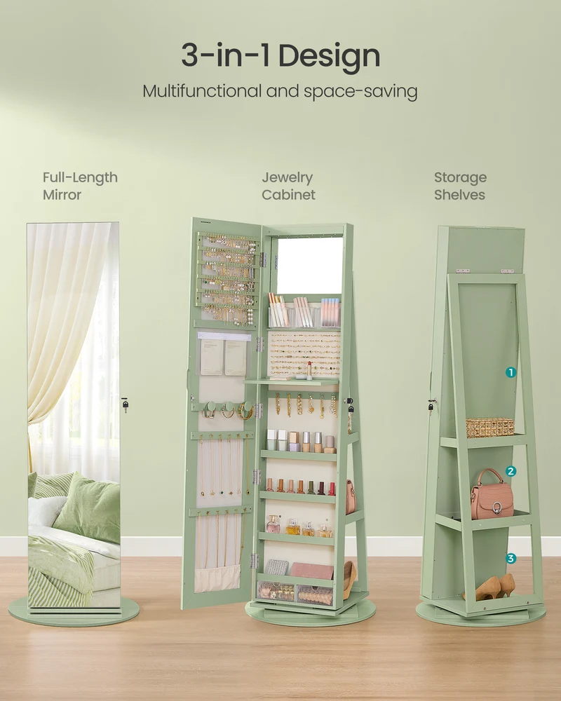 Lockable Jewelry Cabinet with 360° Swivel & LED Lights, Full-Length Mirror, 3 Shelves, 120+ Jewelry Slots, Green and Cream White