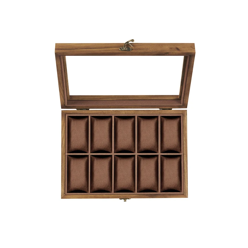 Caja para Relojes con Compartimentos de Madera Maciza con Tapa de Cristal