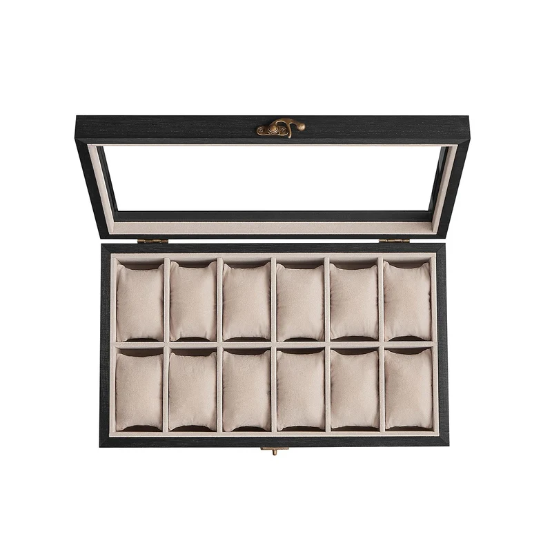 Caja para Relojes con Compartimentos de Madera Maciza con Tapa de Cristal