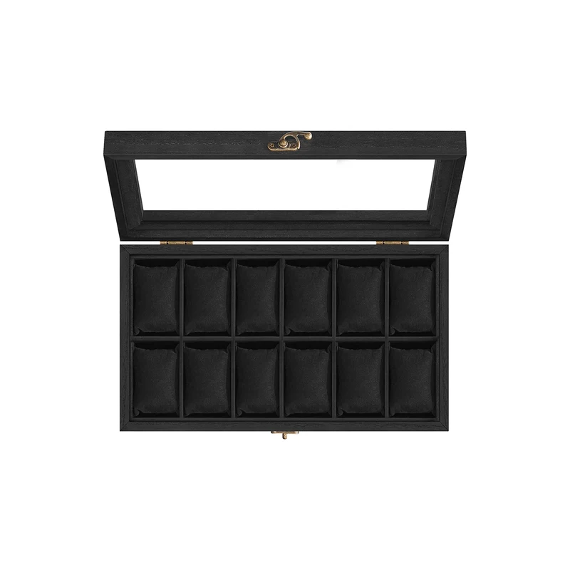 Caja para Relojes con Compartimentos de Madera Maciza con Tapa de Cristal