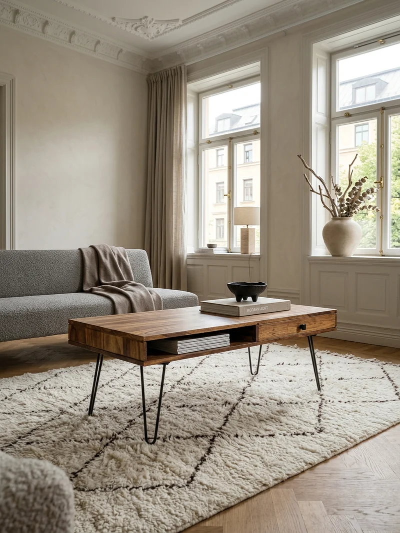 Couchtisch mit Schubfächern aus Massivholz und Metallfüßen, leichter Aufbau