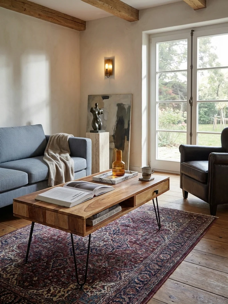 Couchtisch mit Schubfächern aus Massivholz und Metallfüßen, leichter Aufbau