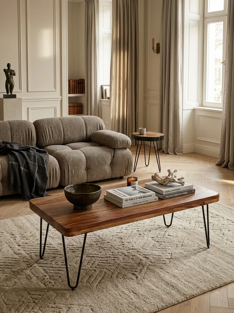 Couchtisch aus Massivholz mit Metallbeinen, handgefertigt, einzigartige Maserung