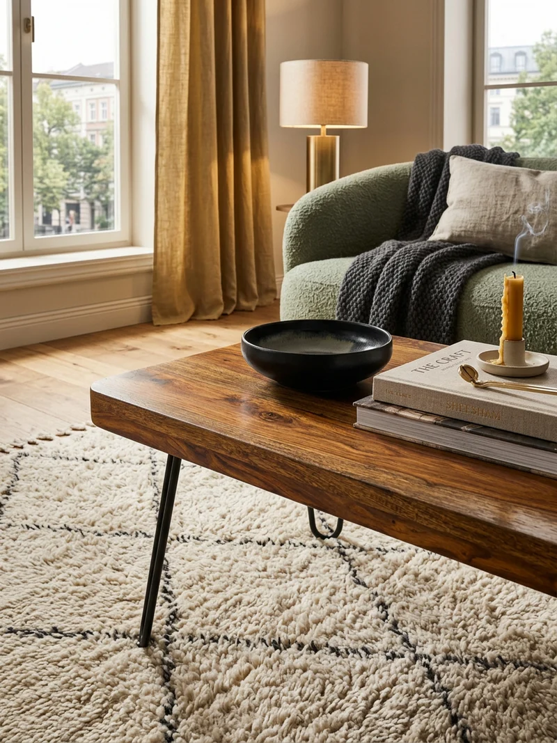 Couchtisch aus Massivholz mit Metallbeinen, handgefertigt, einzigartige Maserung