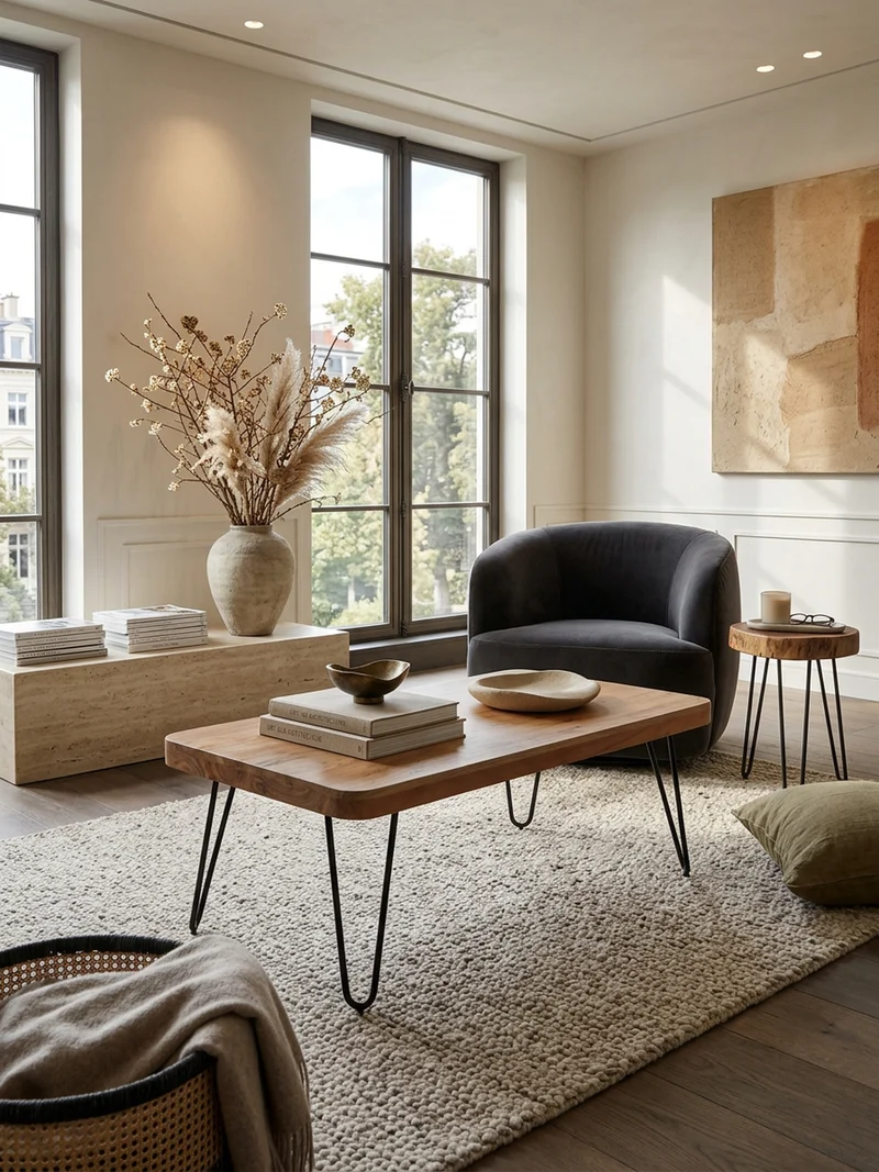 Couchtisch aus Massivholz mit Metallbeinen, handgefertigt, einzigartige Maserung
