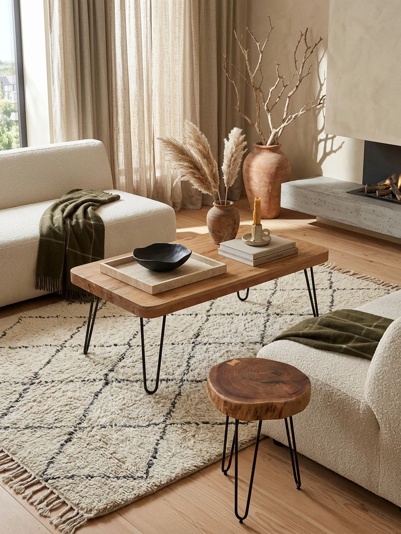 Couchtisch aus Massivholz mit Metallbeinen, handgefertigt, einzigartige Maserung