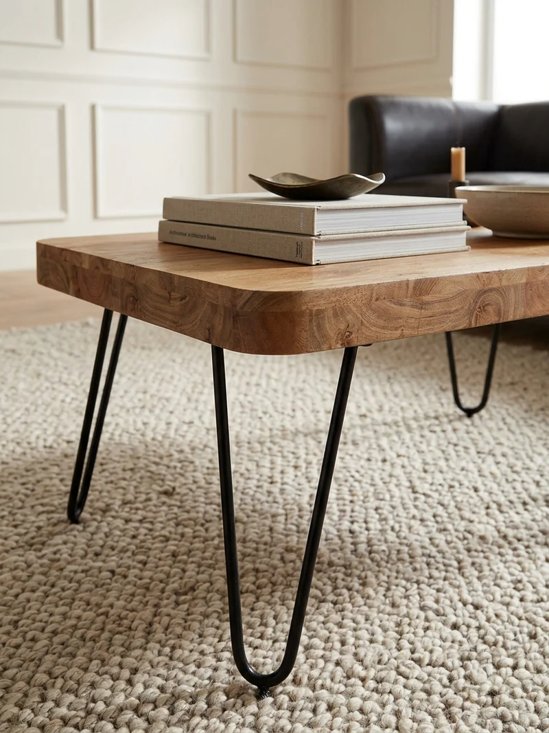 Couchtisch aus Massivholz mit Metallbeinen, handgefertigt, einzigartige Maserung