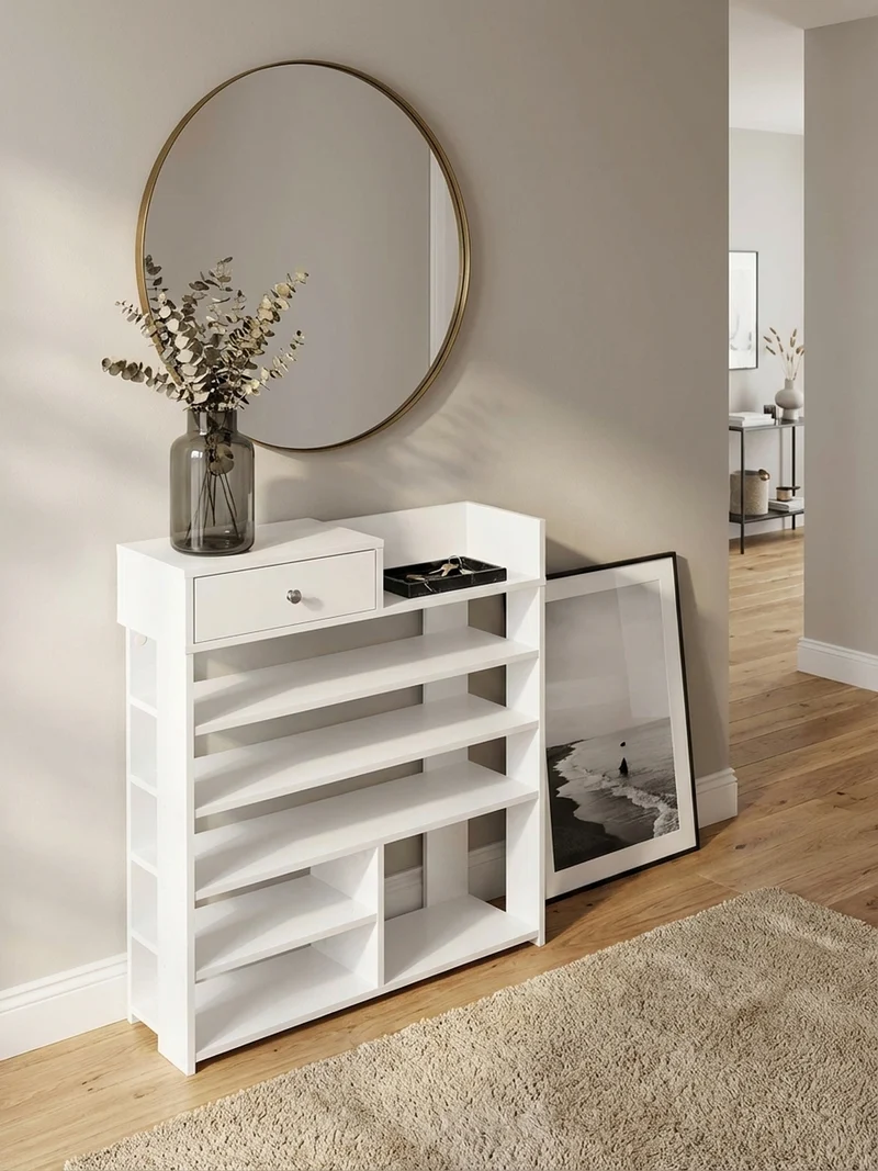 Schuhregal – Weiß, 75x92,5x24 cm, 7 Fächer, mit Schublade, kompakt