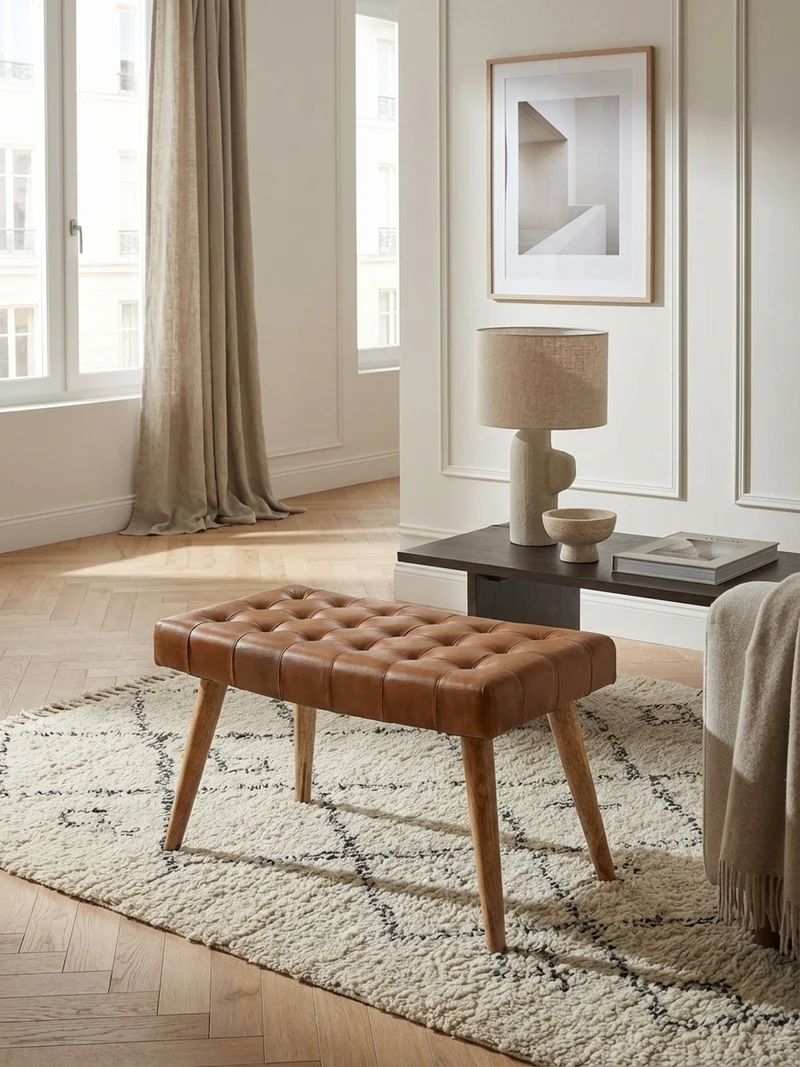 Sitzhocker – Echtleder/Naturholz, modern, 120 kg Belastbarkeit