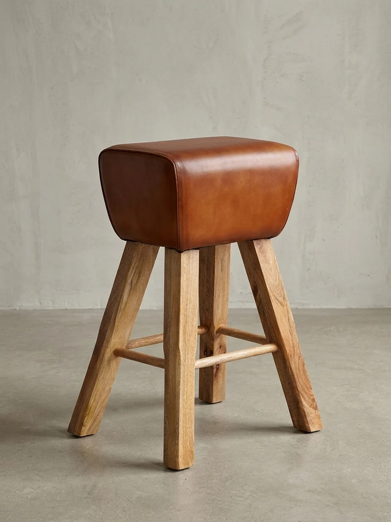 Barhocker – Ziegenleder und Mango Massivholz, Turnbock-Design, 43x75x43 cm, Dunkelbraun