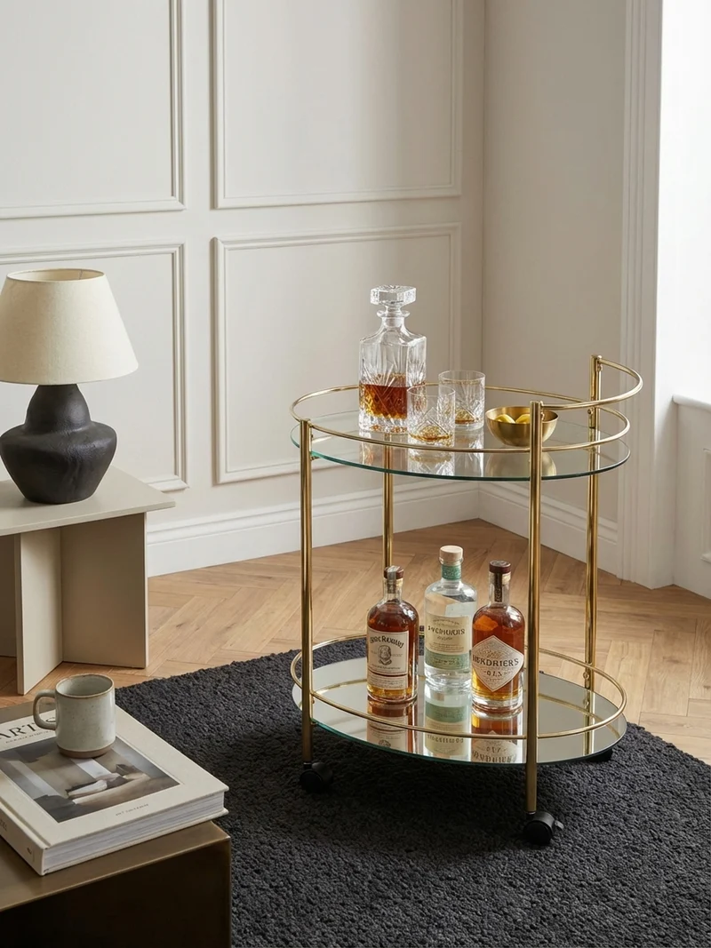 Servierwagen – Gold, 2 Glasplatten, auf Rollen