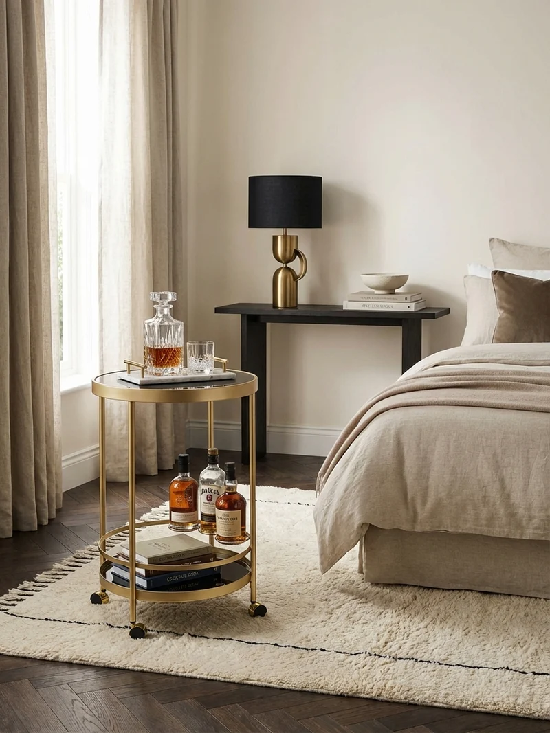 Servierwagen – Gold, Schwarzglas, auf Rollen