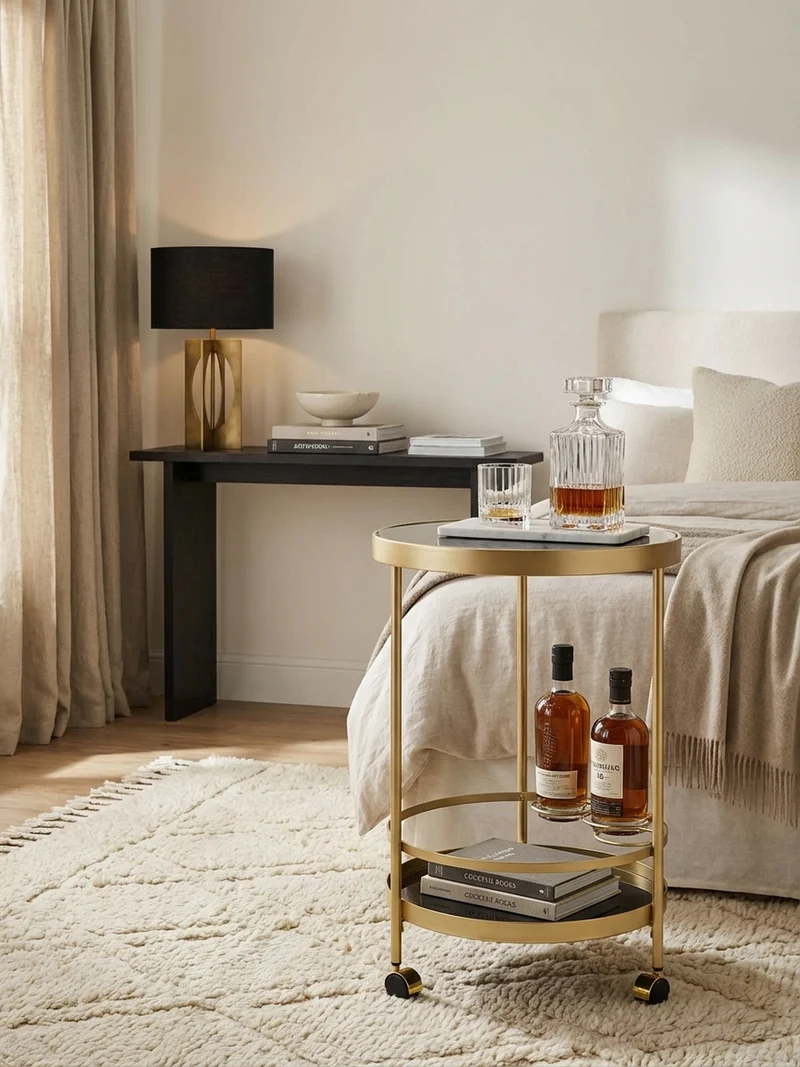 Servierwagen – Gold, Schwarzglas, auf Rollen