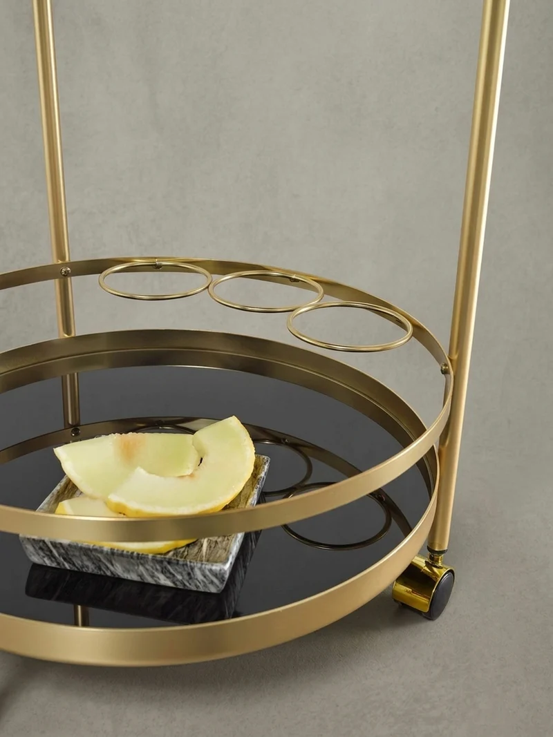 Servierwagen – Gold, Schwarzglas, auf Rollen