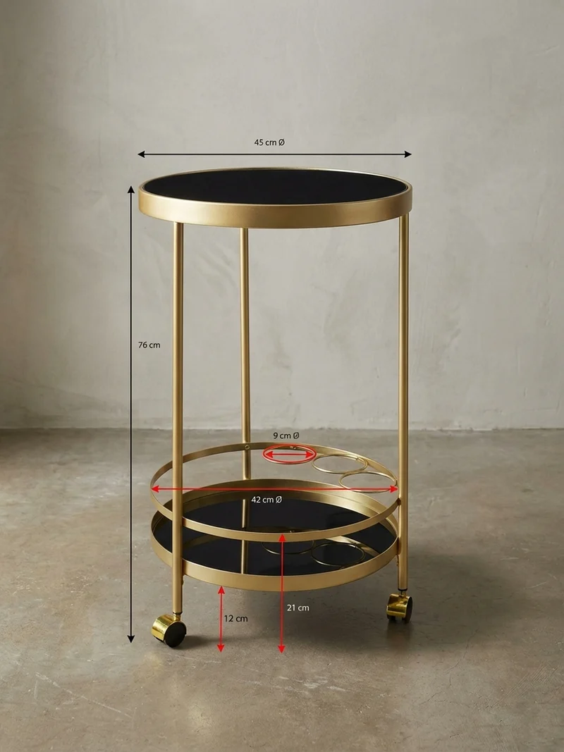 Servierwagen – Gold, Schwarzglas, auf Rollen