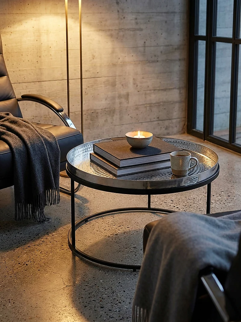 Couchtisch mit Hammerschlag-Struktur, abnehmbares Tablett, aus Aluminium und Eisen
