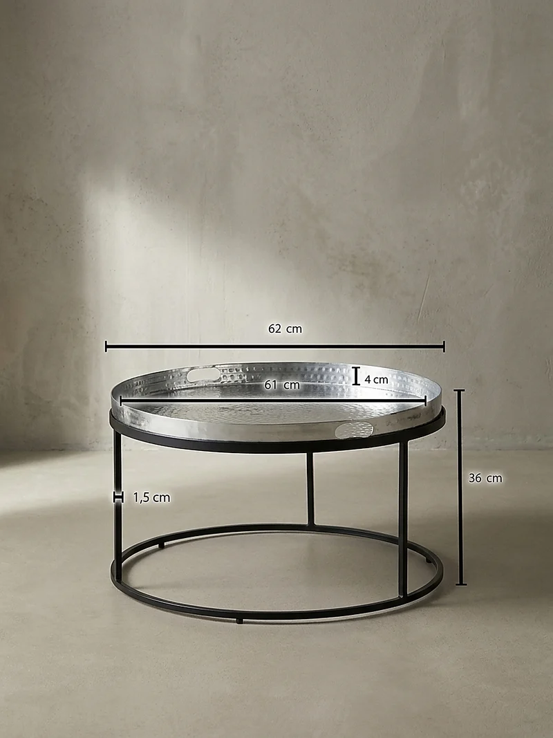 Couchtisch mit Hammerschlag-Struktur, abnehmbares Tablett, aus Aluminium und Eisen