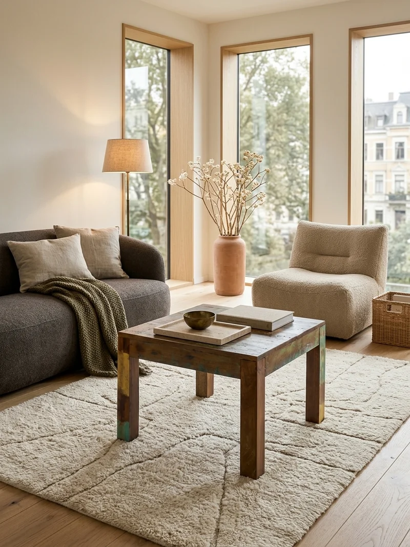 Couchtisch aus recyceltem Mango-Holz im Shabby-Chic Stil mit großer Tischplatte