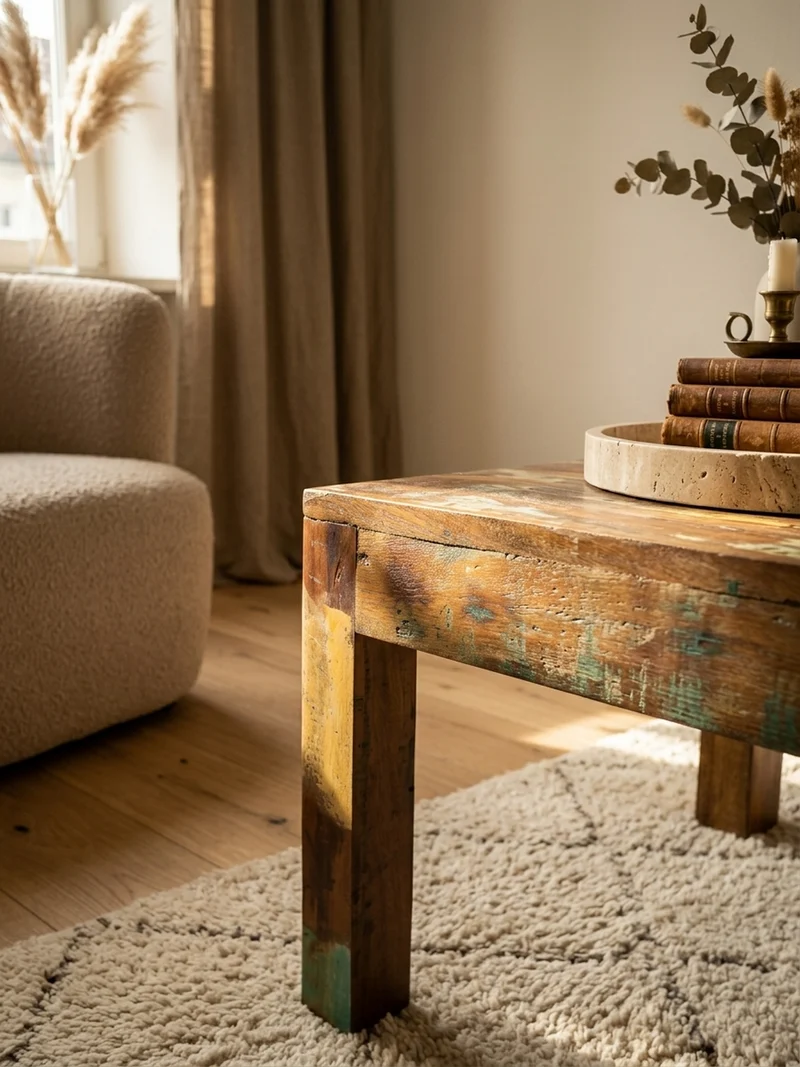 Couchtisch aus recyceltem Mango-Holz im Shabby-Chic Stil mit großer Tischplatte