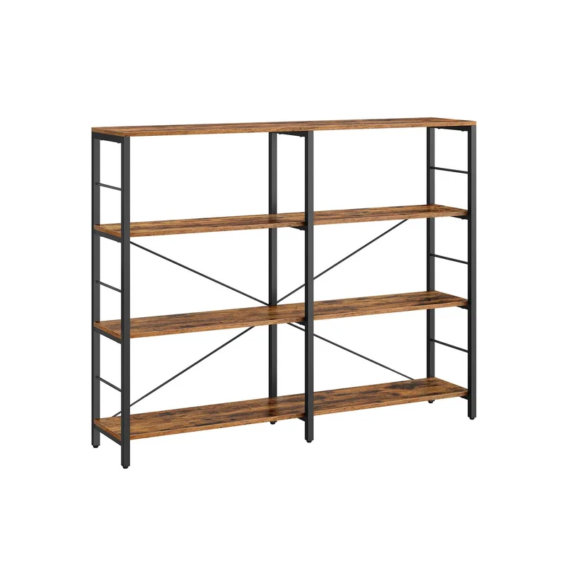 Librería industrial de madera con varios niveles para salón y estudio