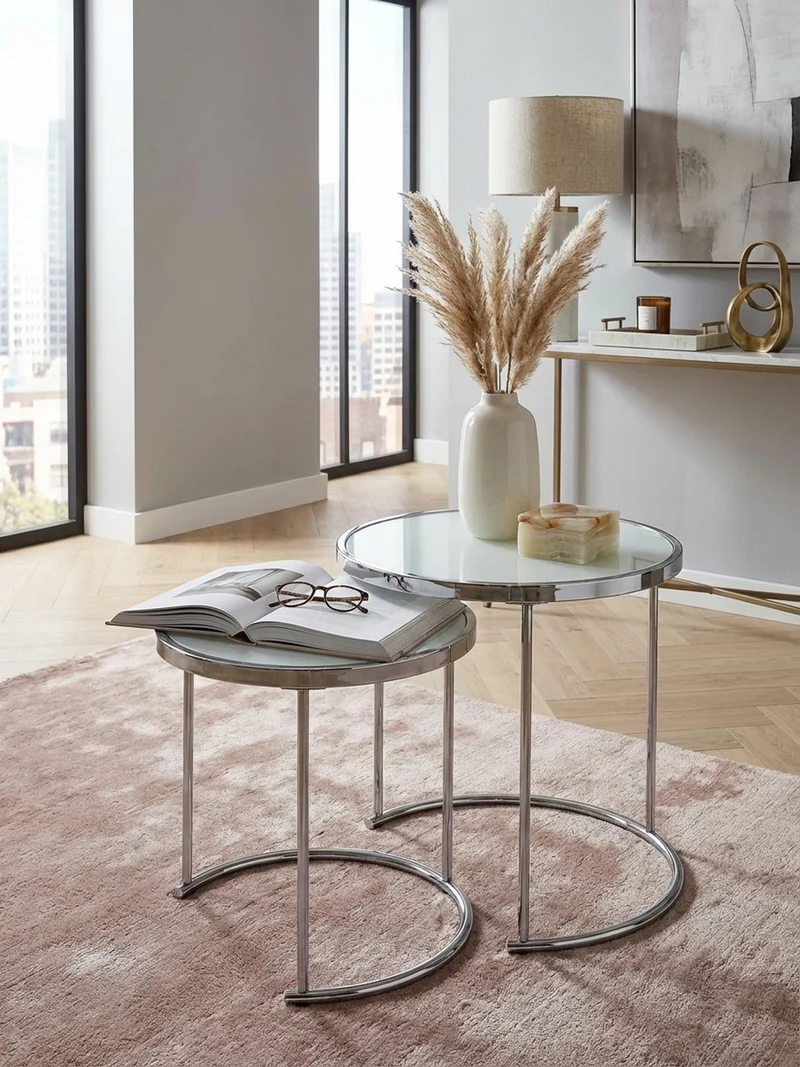 Couchtisch Set – Rund Glas 2-teilig mit Stauraum platzsparend