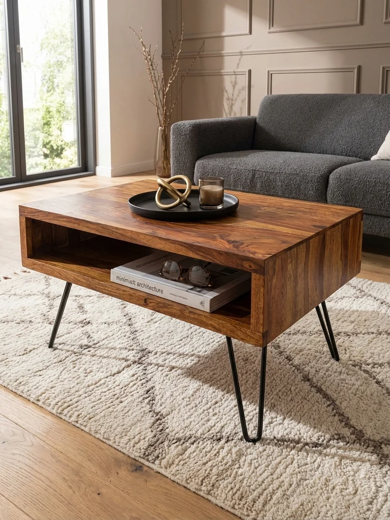 Couchtisch Sheeshamholz Schwarz, Pulverbeschichtet mit Ablagefach, Maße 100x40x50 cm