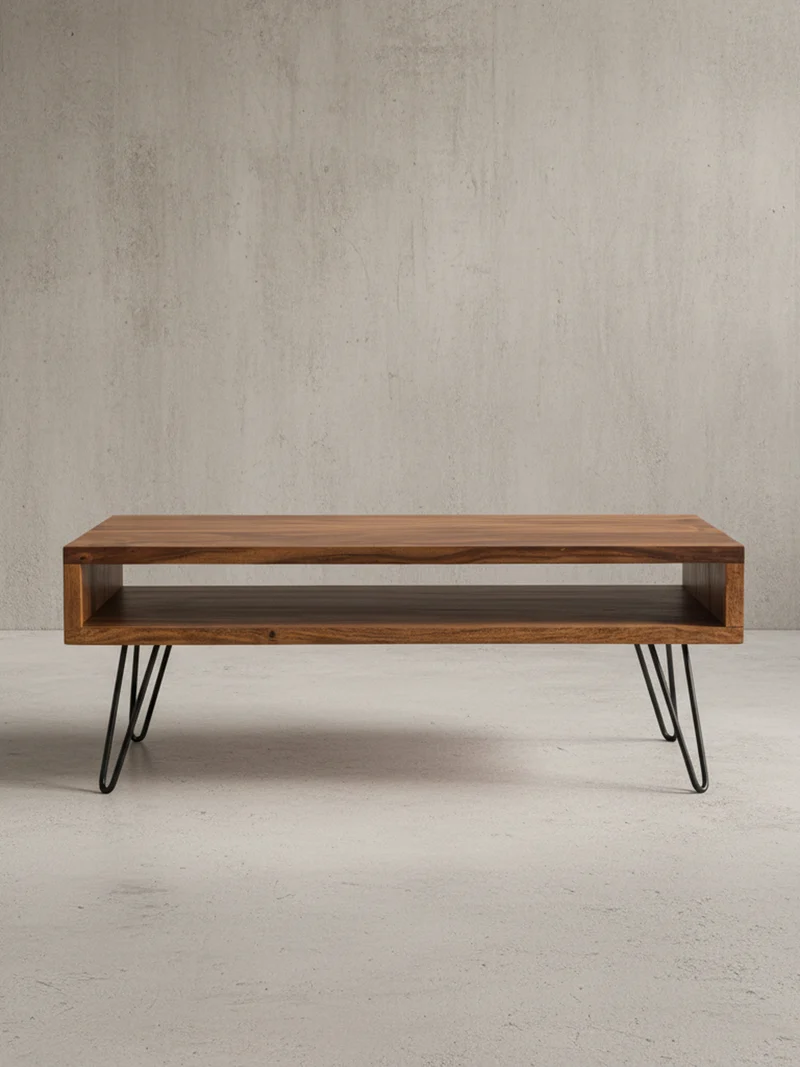Couchtisch Sheeshamholz Schwarz, Pulverbeschichtet mit Ablagefach, Maße 100x40x50 cm