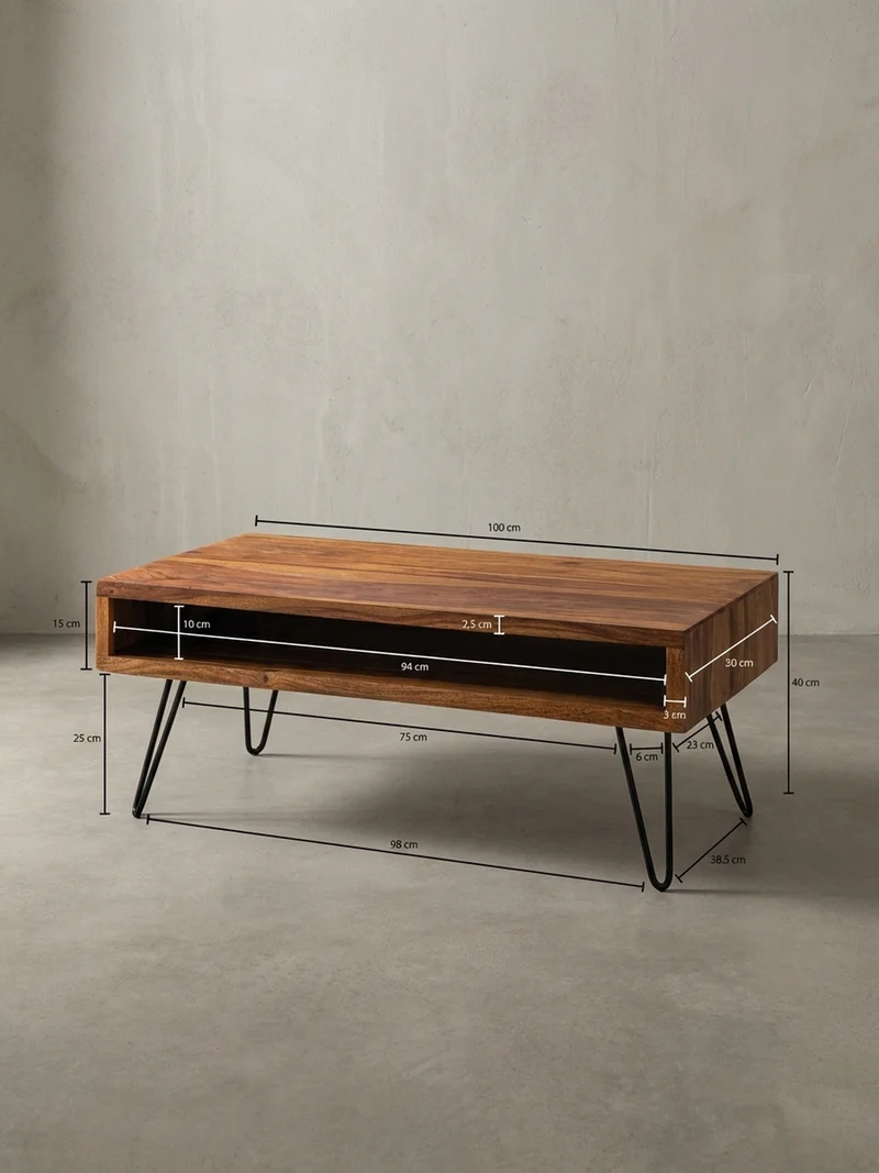 Couchtisch Sheeshamholz Schwarz, Pulverbeschichtet mit Ablagefach, Maße 100x40x50 cm