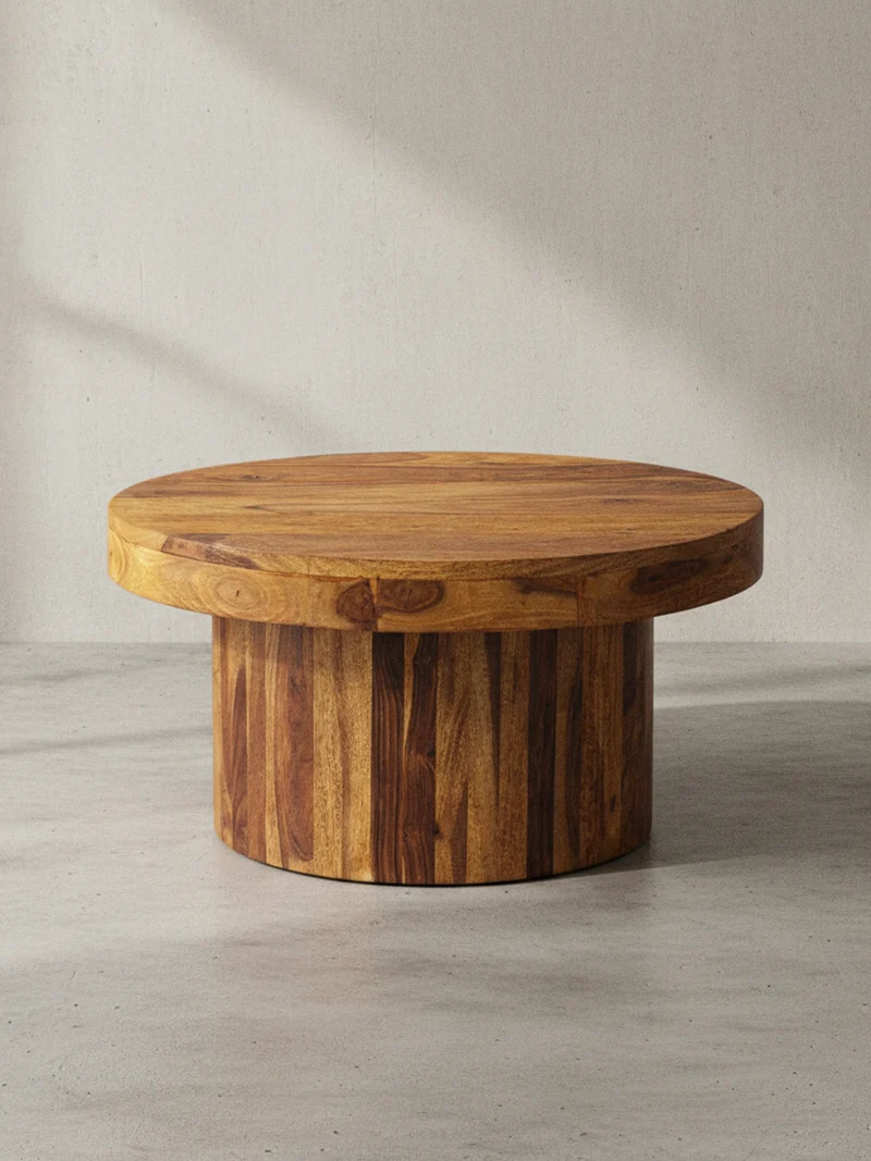 Couchtisch aus Massivholz Sheesham in Braun, Lackiert, mit robustem Sockelfuß, Maße 60x60x30 cm