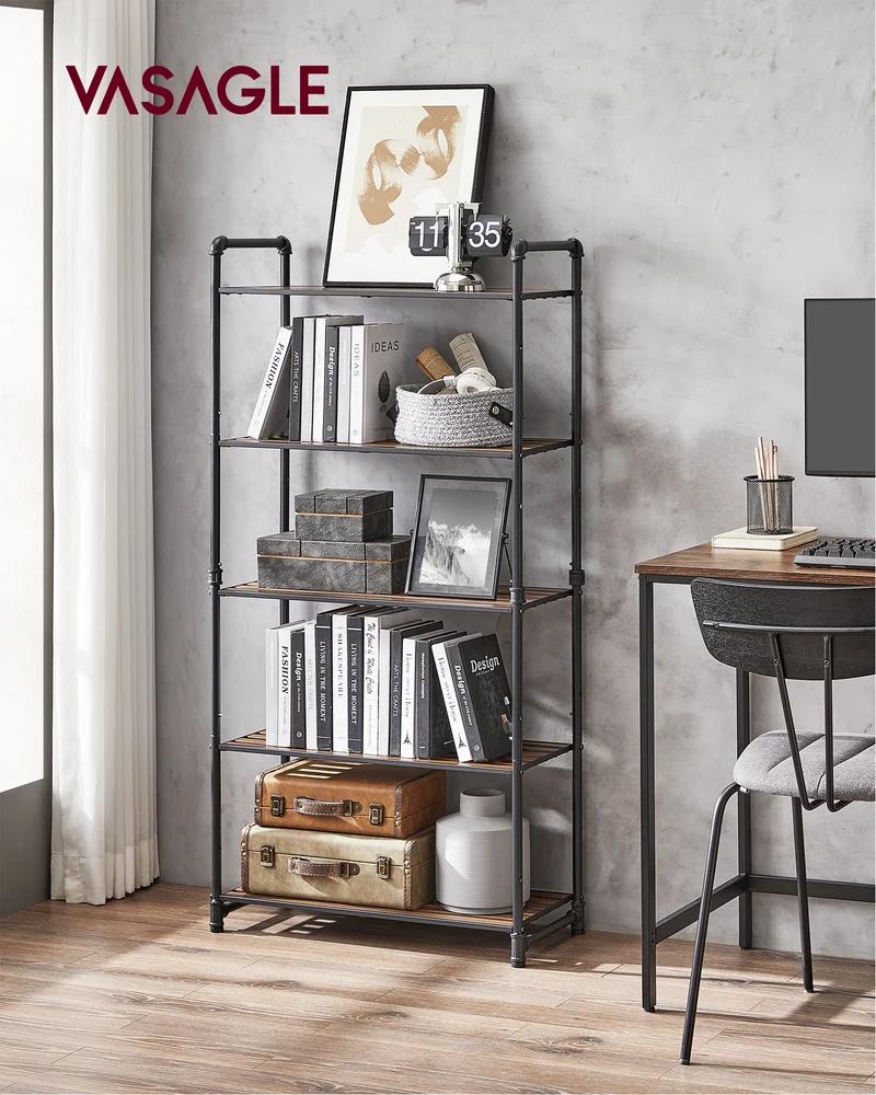 Bathroom Shelves 5-Tier Storage Rack, Plant Flower Stand, 25.5 x 12.2 x 51 inches, for Living Room, Balcony, Kitchen, Rustic Brown and Black