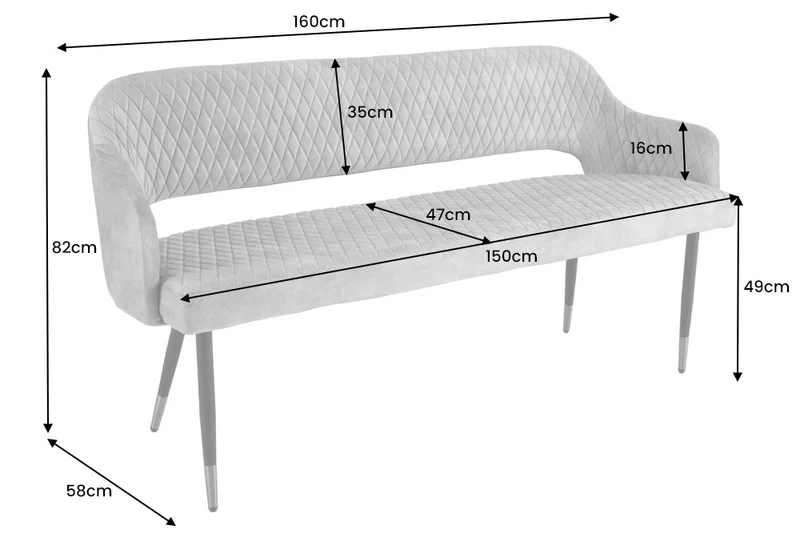 Design Sitzbank FRANCE 160cm Samt greige Ziersteppung Armlehnen