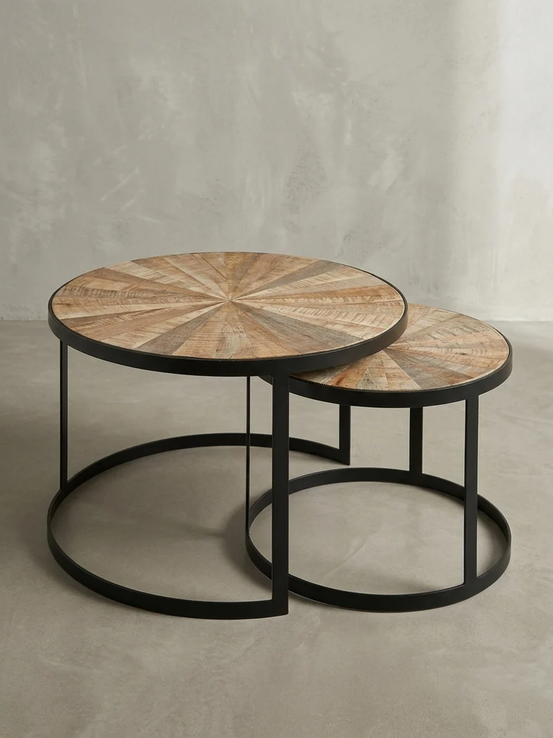 Couchtisch 2er Set Massivholz Metall Platzsparend Handgefertigt
